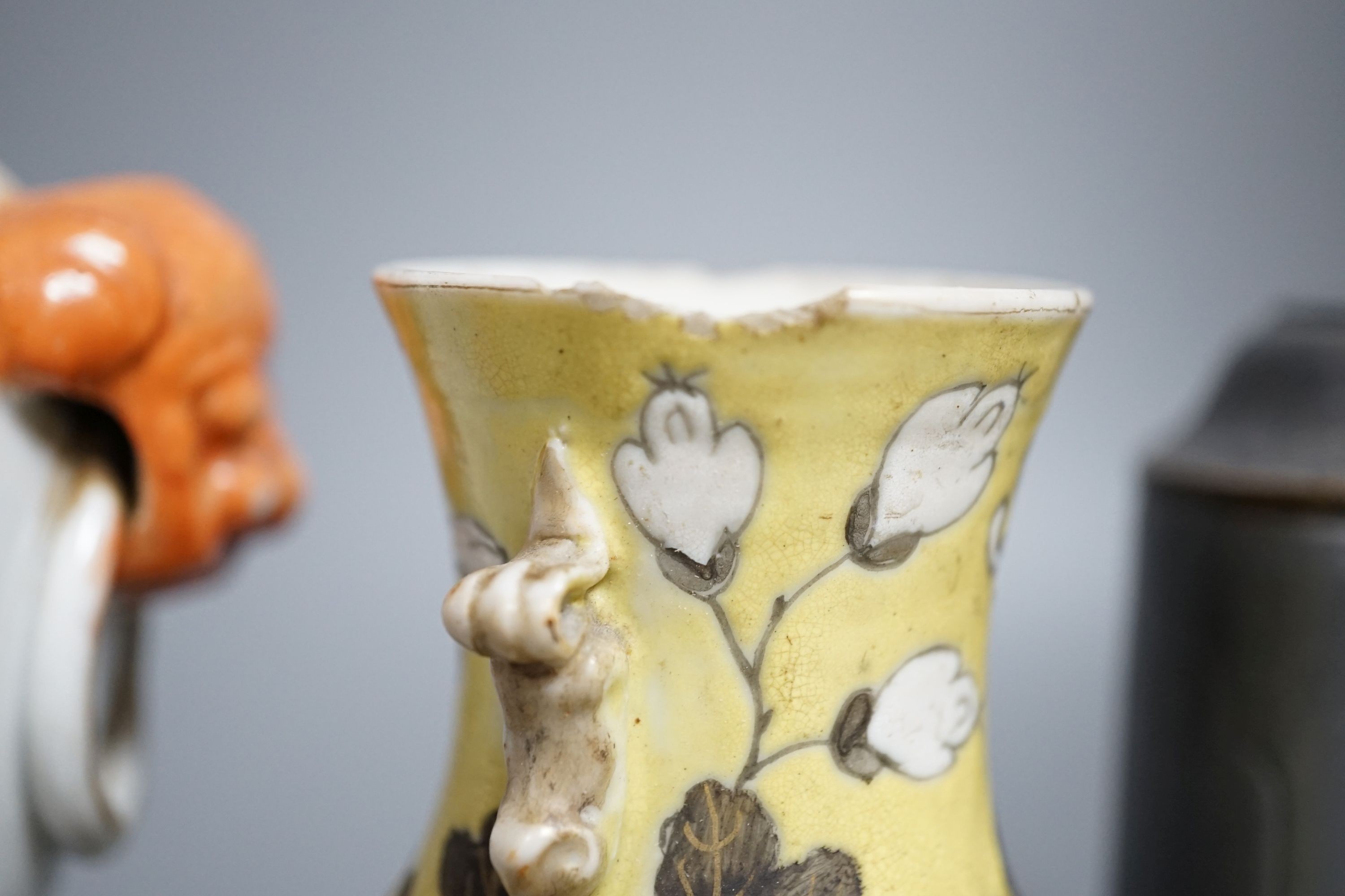 Two 19th century Chinese vases and a 20th century Chinese pewter caddy 22cm